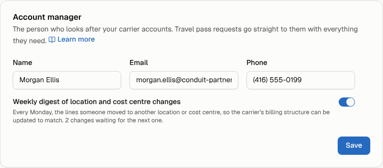 The account manager on Settings → Organization