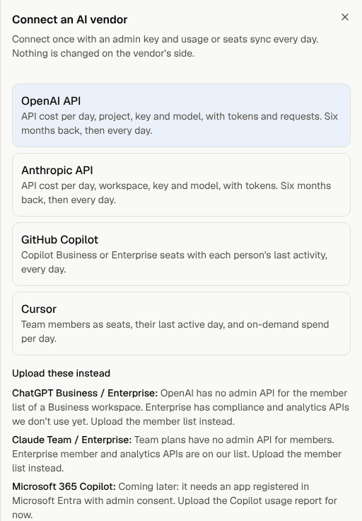Pick the vendor to connect; the tools that stay uploads are listed below