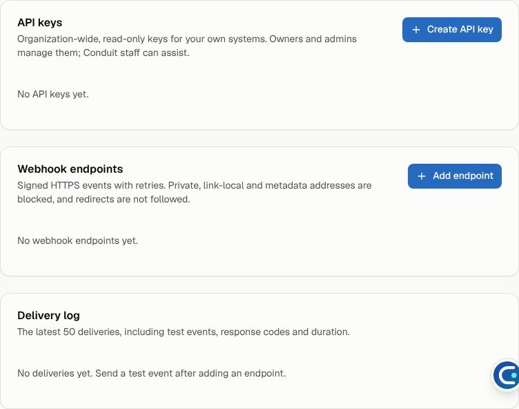 API keys, webhook endpoints and the delivery log