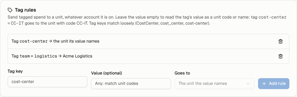 Tag rules: one that reads the unit from the tag, one for a single tag value