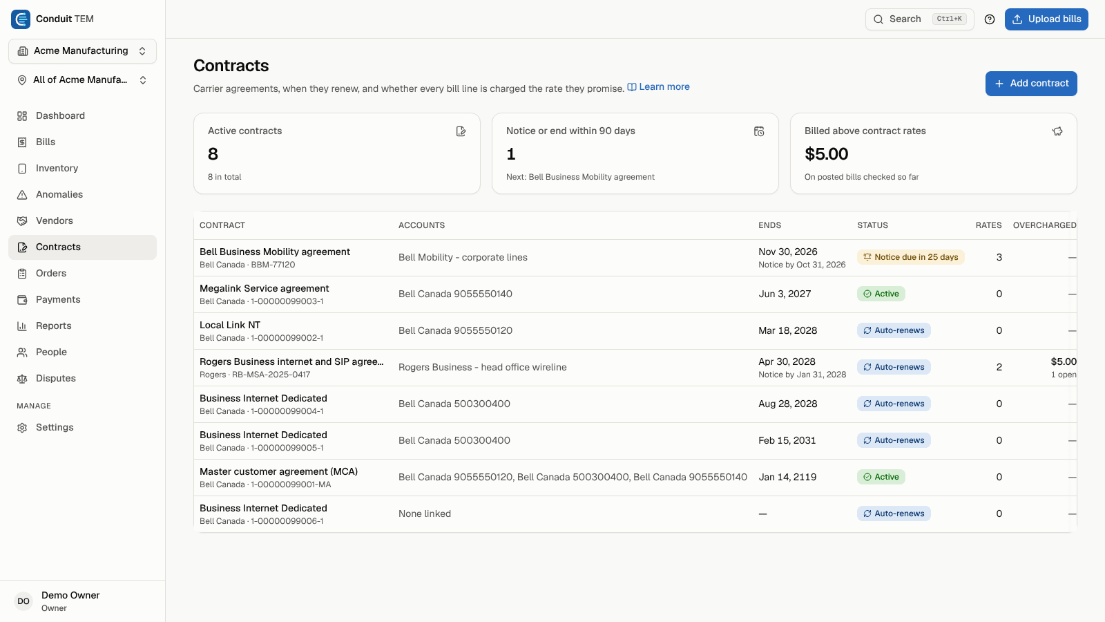 The Contracts page with its tiles and the list of carrier agreements