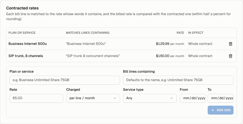 A contract's rates, with the words each rate matches and the form for adding another