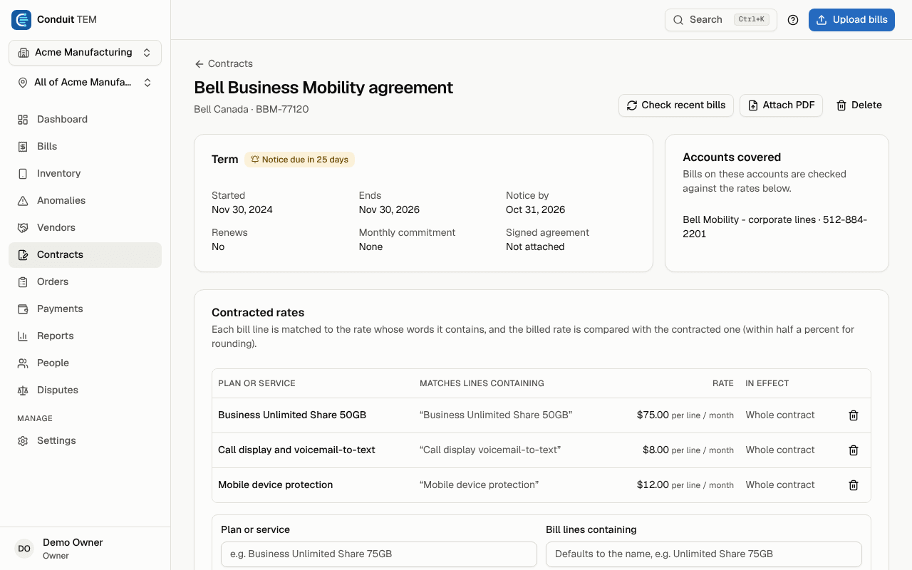 A contract page: the term with its notice badge, the accounts covered and the contracted rates
