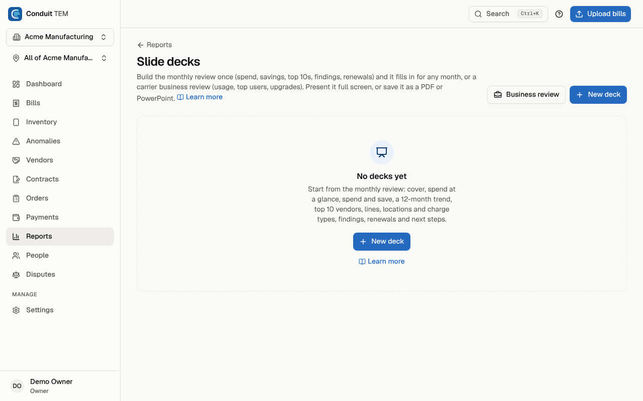 The Slide decks page with the Business review and New deck buttons
