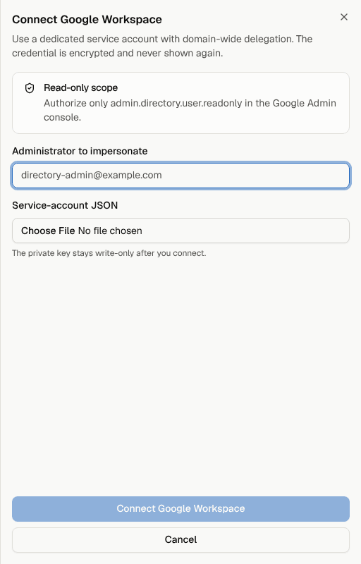 Connecting Google Workspace with an administrator and service-account file