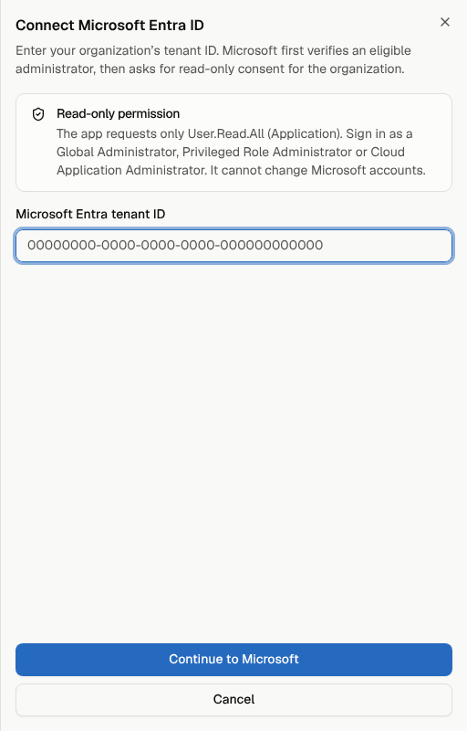 Connecting Microsoft Entra ID with the read-only permission shown