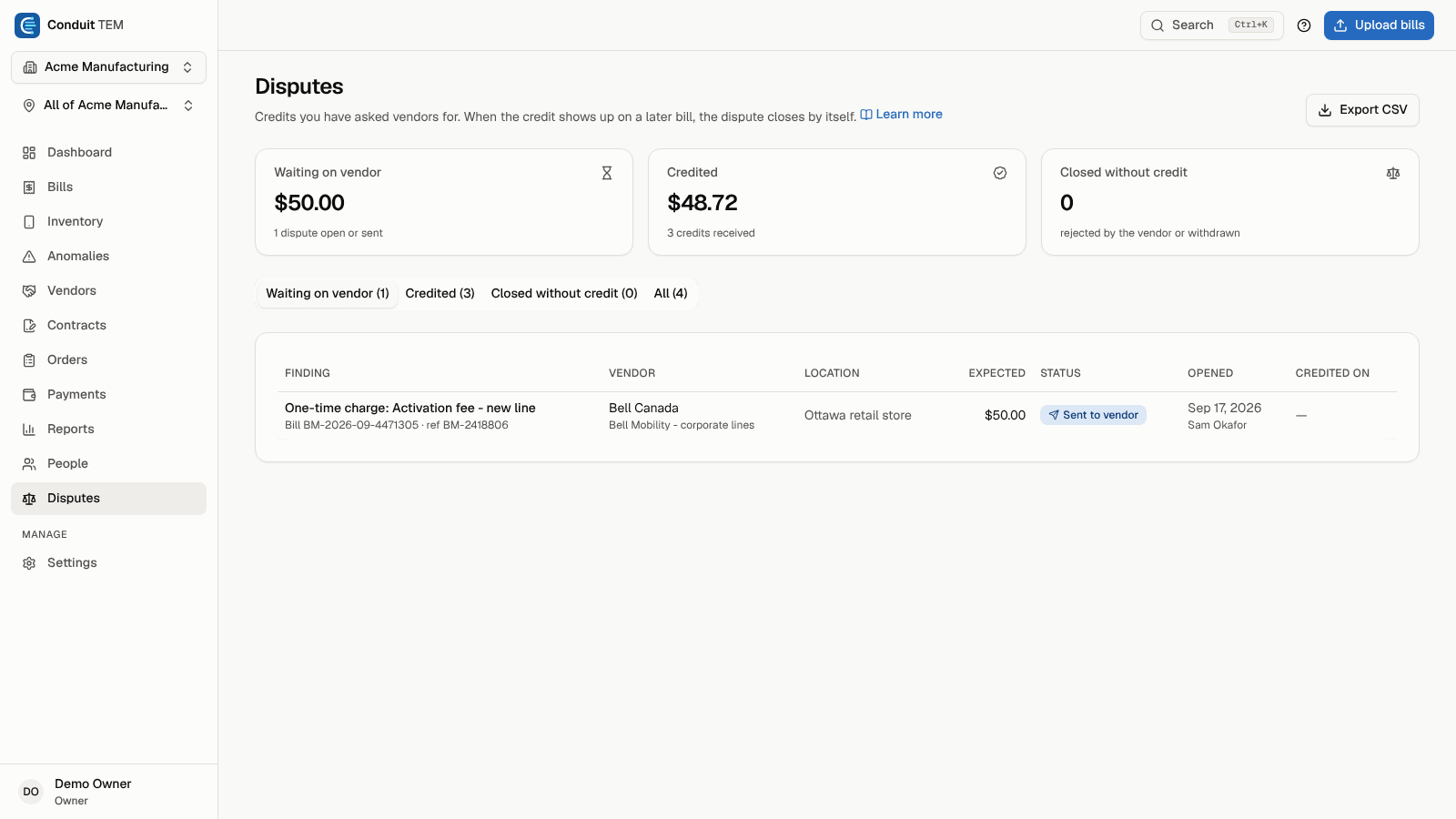 The Disputes page with its totals, status tabs and a dispute waiting on the vendor