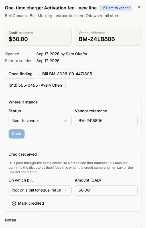 A dispute's details: credit expected, vendor reference, where it stands and the Credit received section