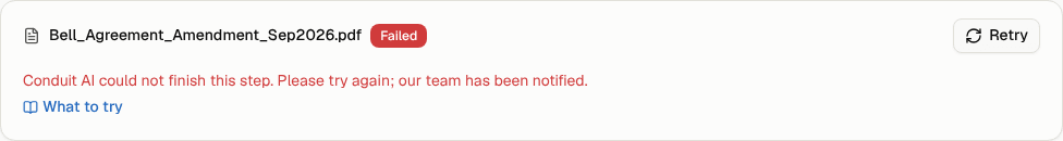 A failed upload on the Bills page with its reason and the Retry button