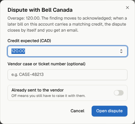 The dispute dialog: the credit you expect, the vendor's case number, and whether it has already been sent