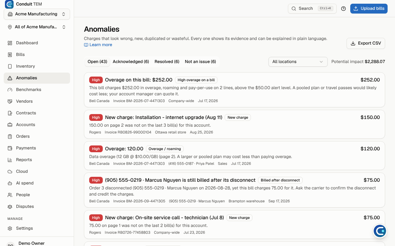 The Anomalies page, with open findings sorted by severity and the total potential impact at the top
