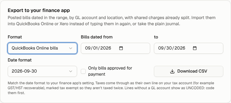 The export card set to QuickBooks Online bills