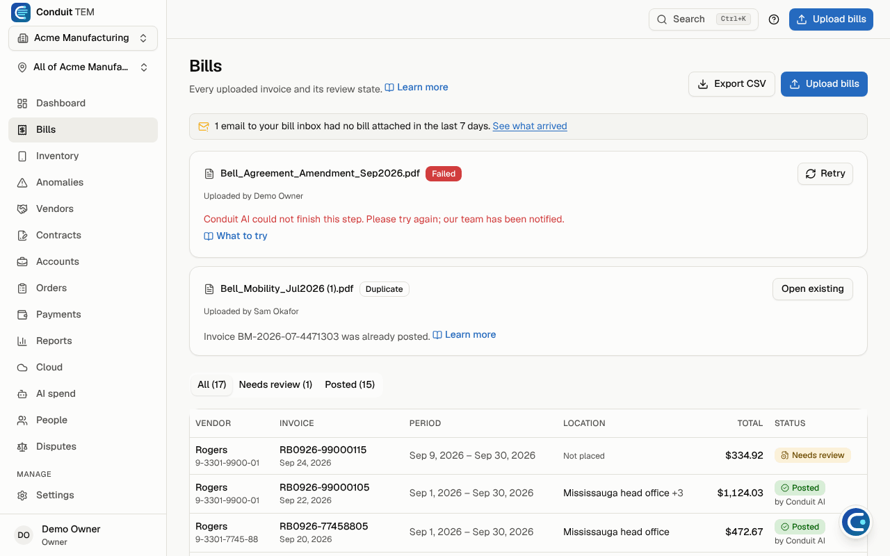 The Bills page with upload cards at the top and the list of bills below