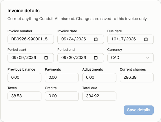 The Invoice details card with invoice number, dates, currency and totals