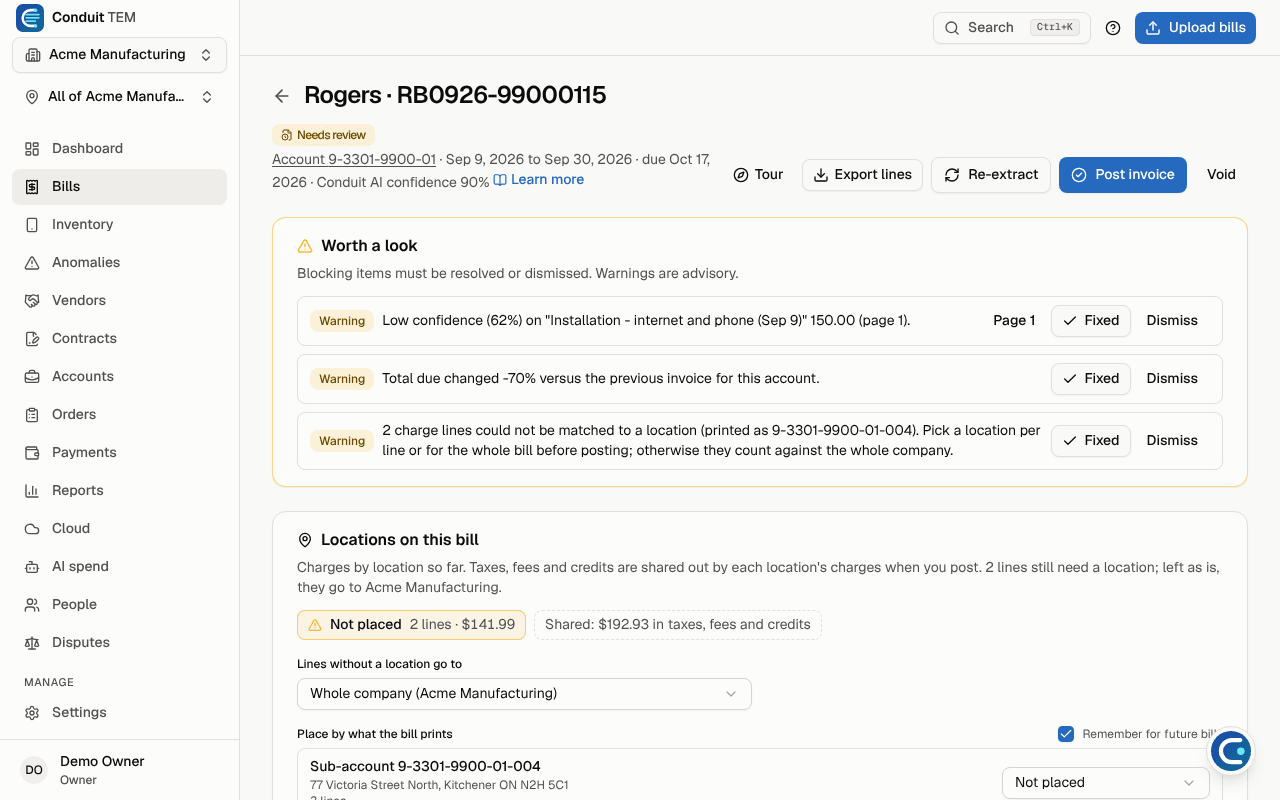 A bill under review: header, actions, warnings and locations