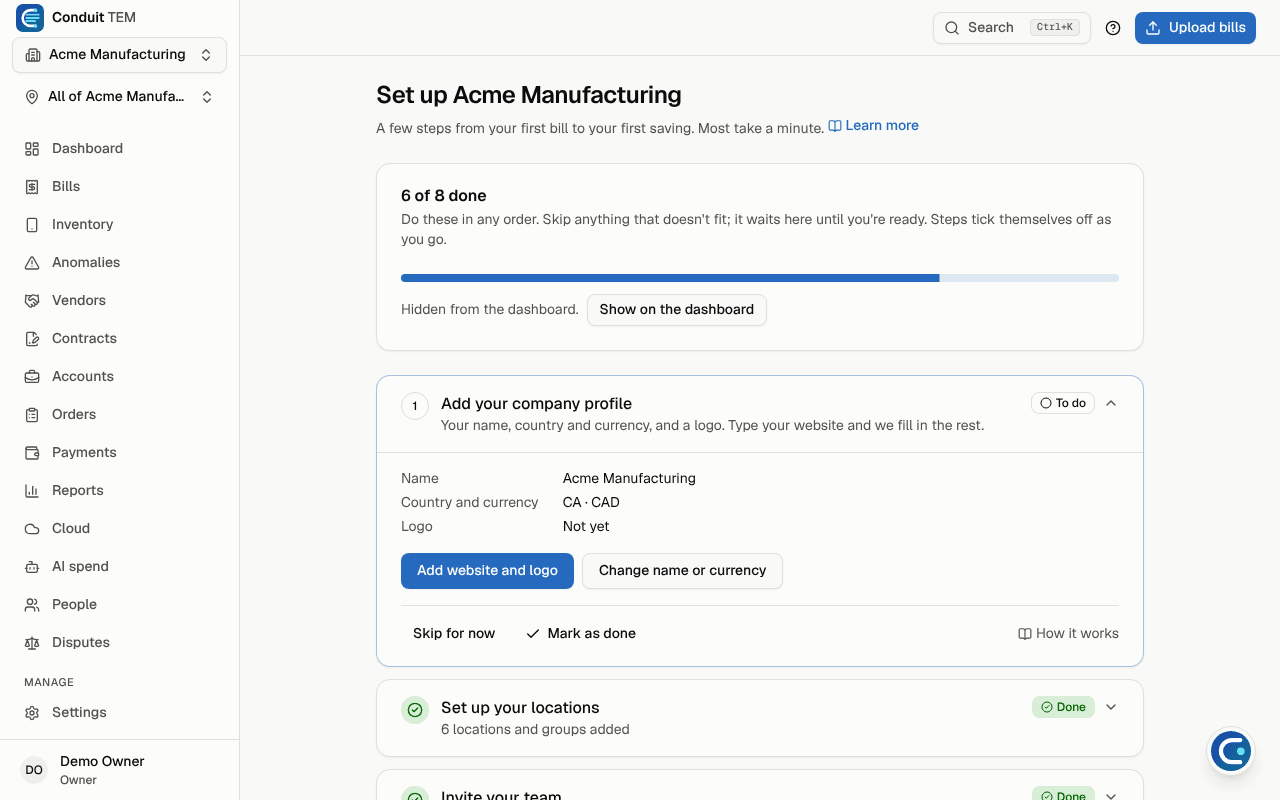 The setup checklist with its progress bar and the first step open