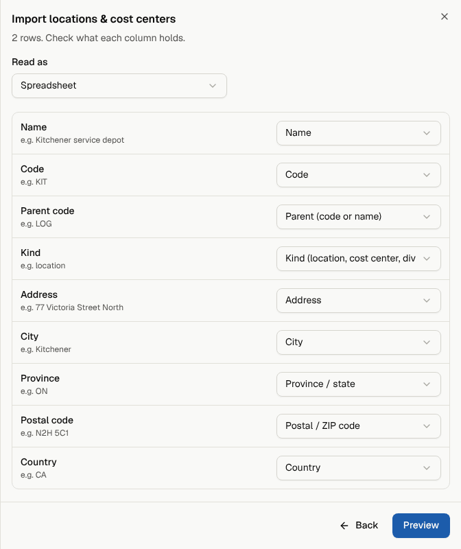 Step 2: each column with the field it fills