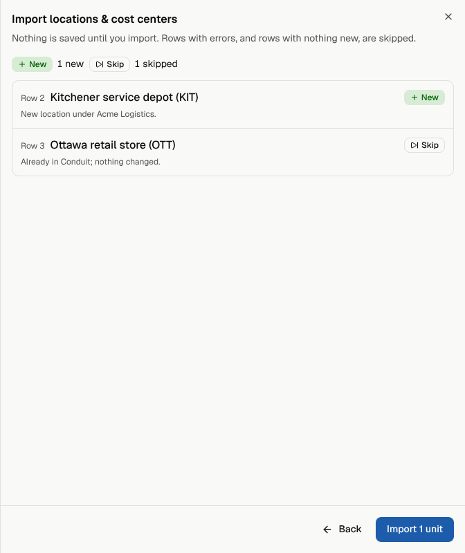 Step 3: the preview, with one new location and one already in Conduit TEM
