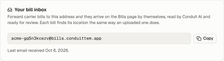 The Your bill inbox card with the address and the Copy button