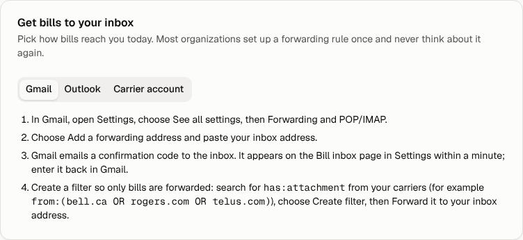 The Gmail steps on the Bill inbox page