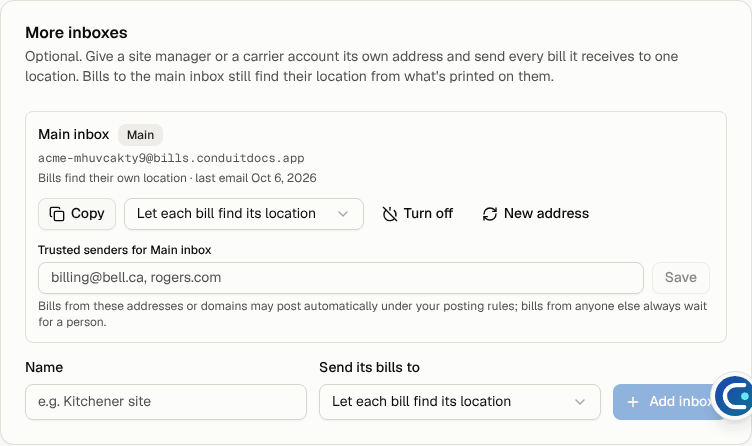 The More inboxes card with the main inbox and the form to add one