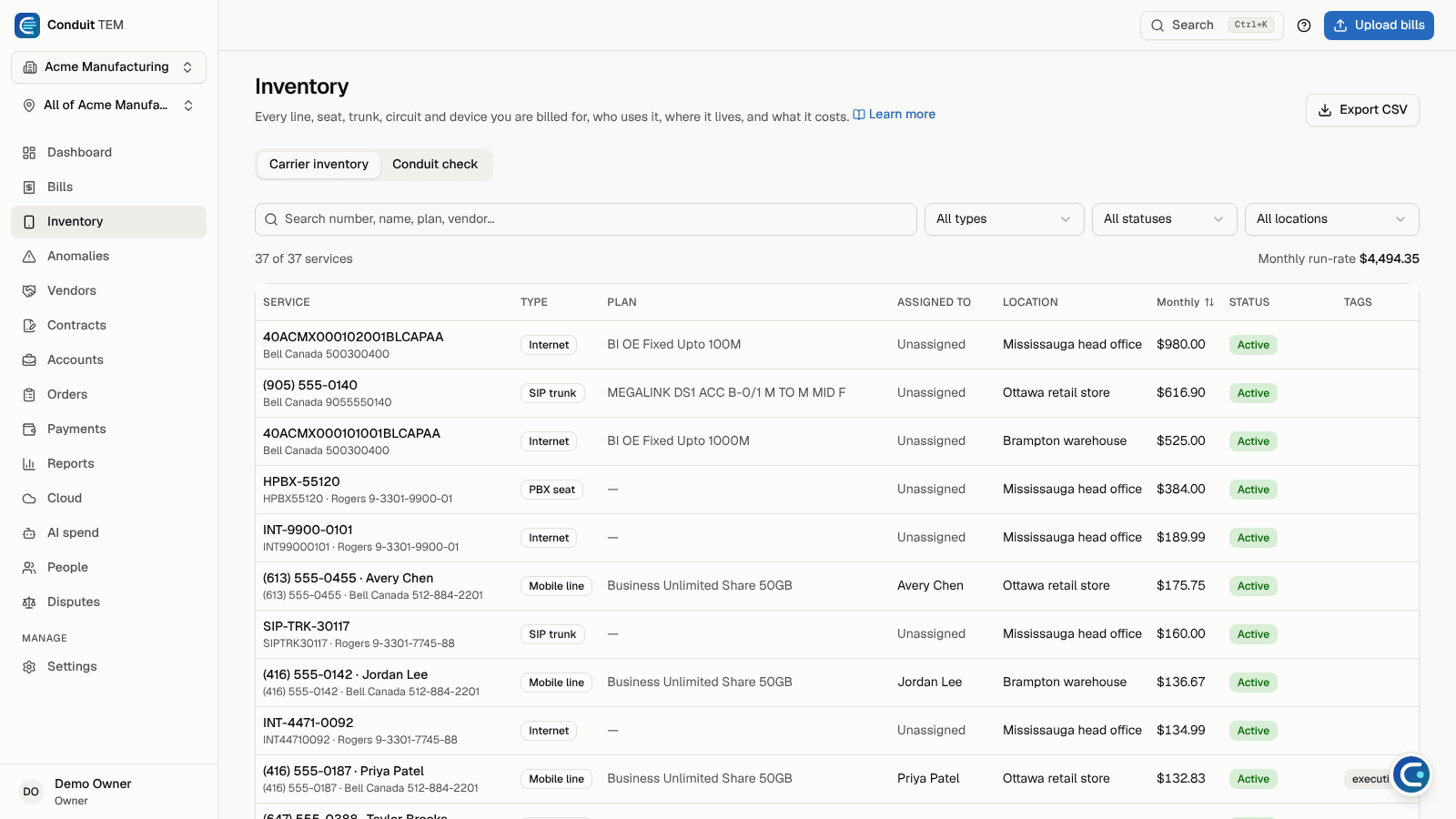 The inventory list with type, plan, person, location, cost and status