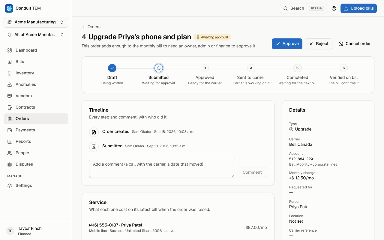 An order awaiting approval, with the Approve and Reject buttons and its timeline