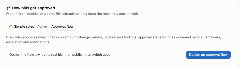The How bills get approved card with Approval flow selected