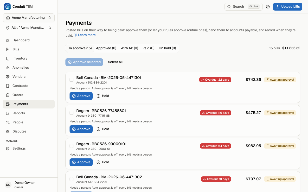The Payments page with bills waiting for approval