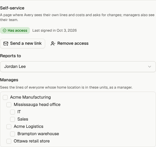 The Self-service section of a person's details: access, Reports to and Manages