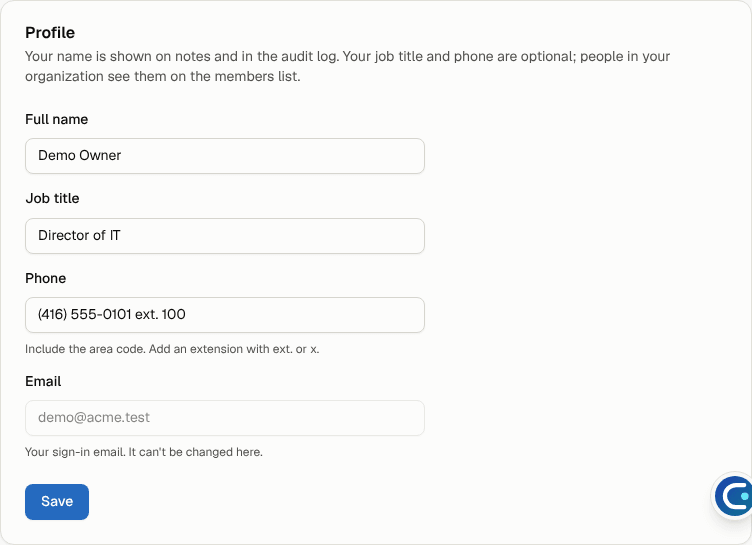 The Profile card with name, job title, phone and sign-in email