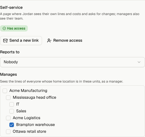 A person's Self-service section: access status, Send a new link, Remove access, Reports to, and the locations they manage