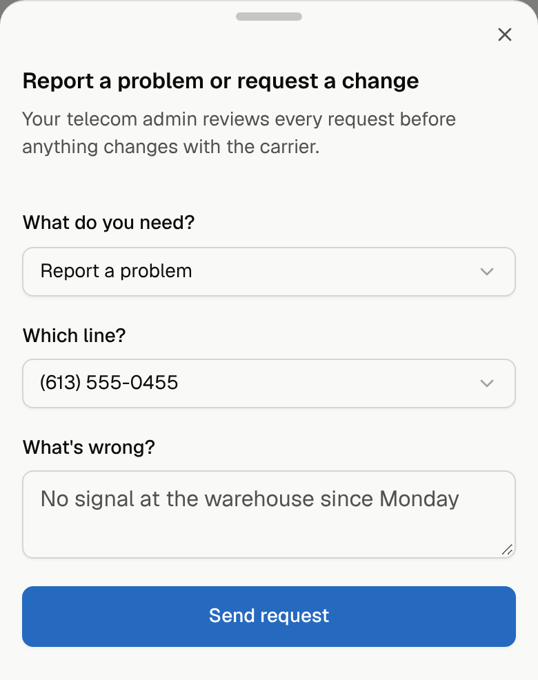 The request form on a phone: what you need, which line, a message and Send request