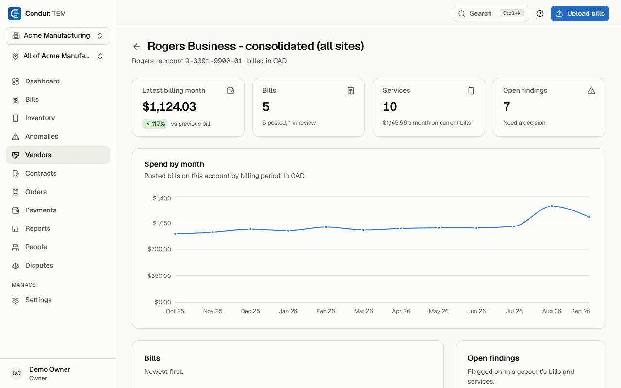 A vendor account page with its spend, bills and services